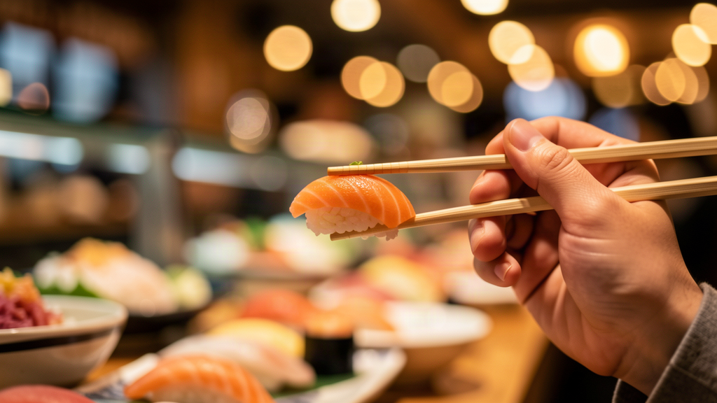Hands using chopsticks to pick up nigiri